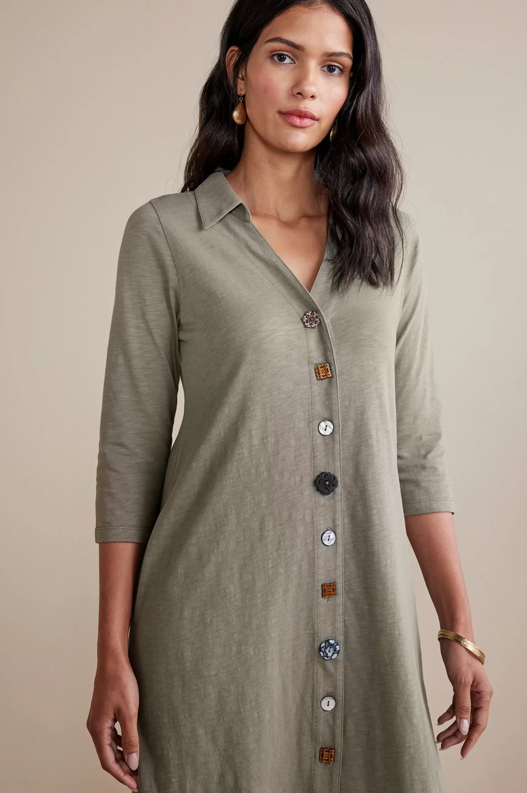 Soft Surroundings 3/4 Sleeve Danielle Button Dress> solids|short