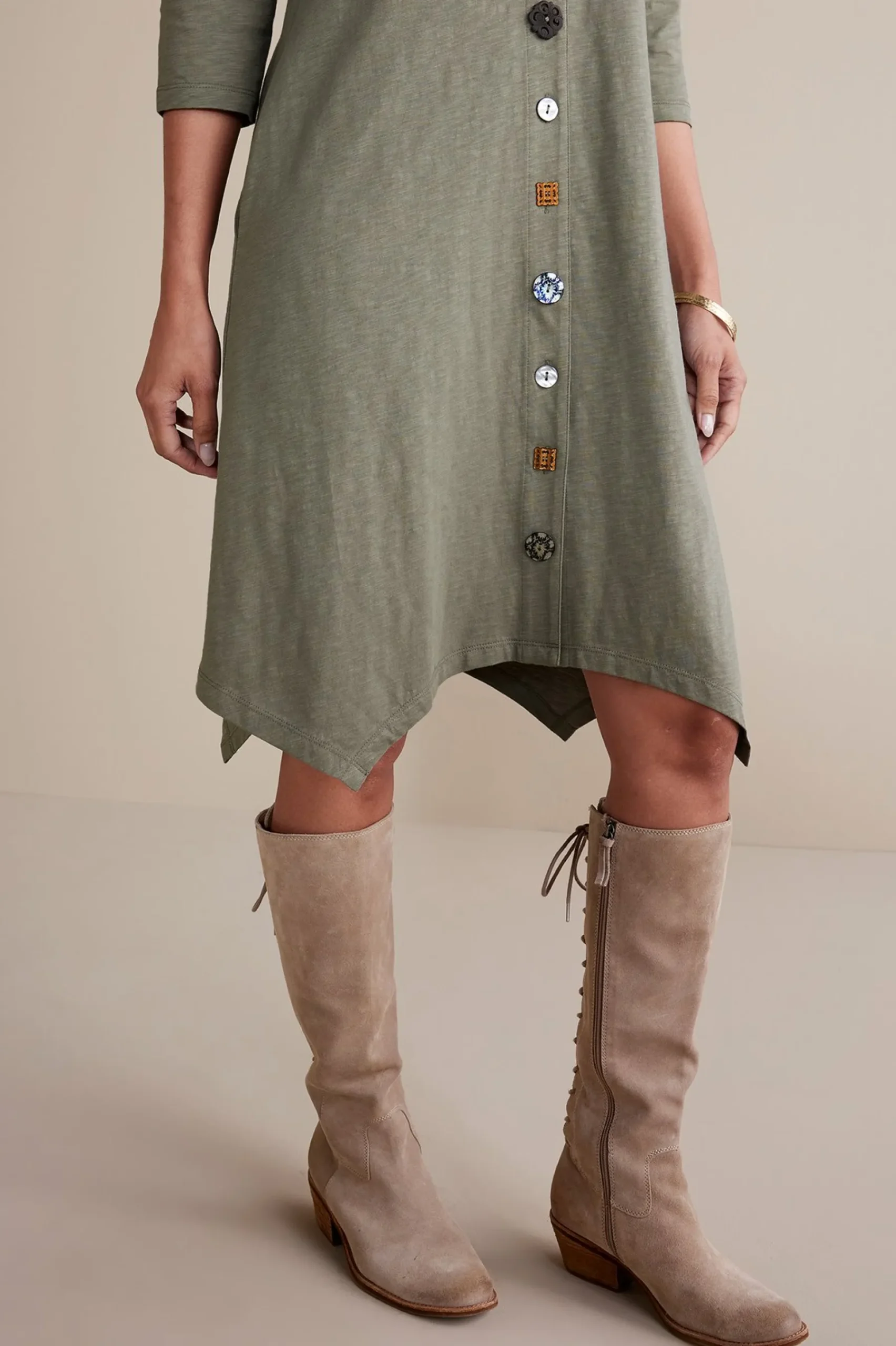 Soft Surroundings 3/4 Sleeve Danielle Button Dress> solids|short