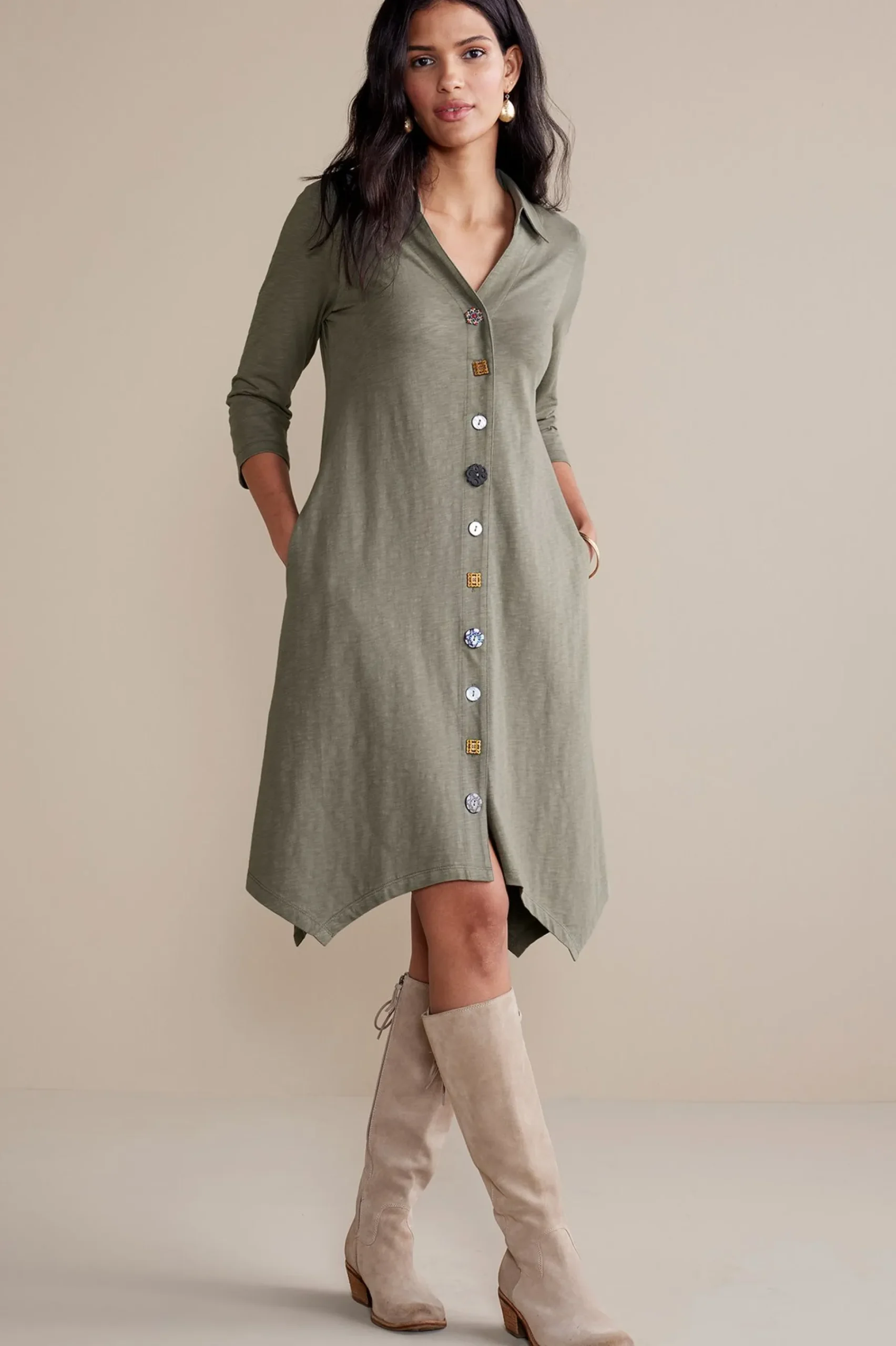Soft Surroundings 3/4 Sleeve Danielle Button Dress> solids|short