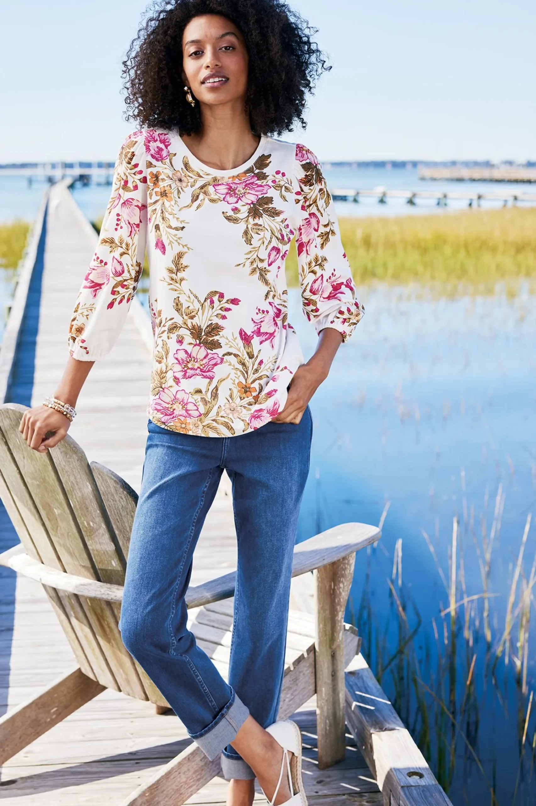Soft Surroundings Lesley Printed Top> Feminine Flourish|three quarter length