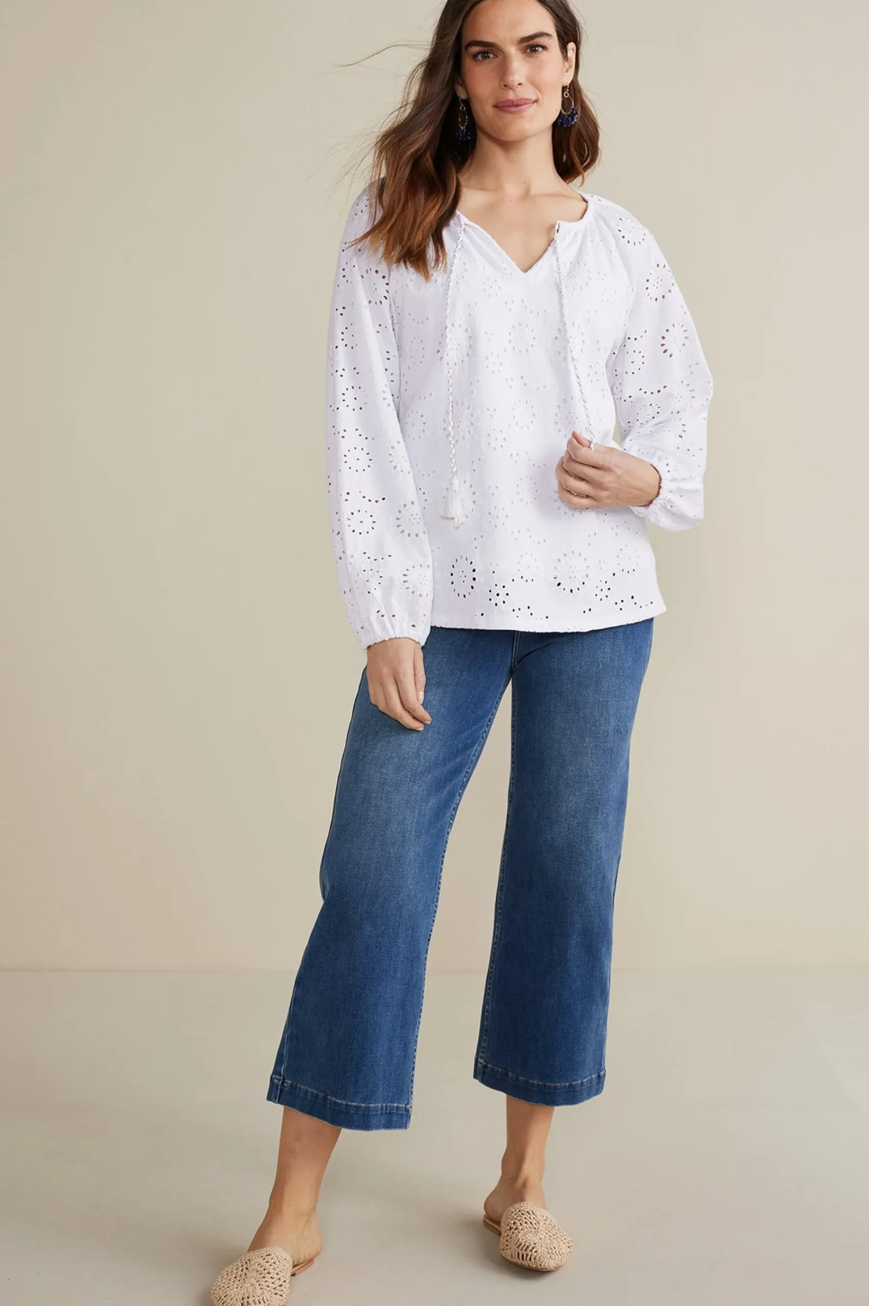 Soft Surroundings Petites Rhiannon Eyelet Peasant Top> Feminine Flourish|Global Artistry