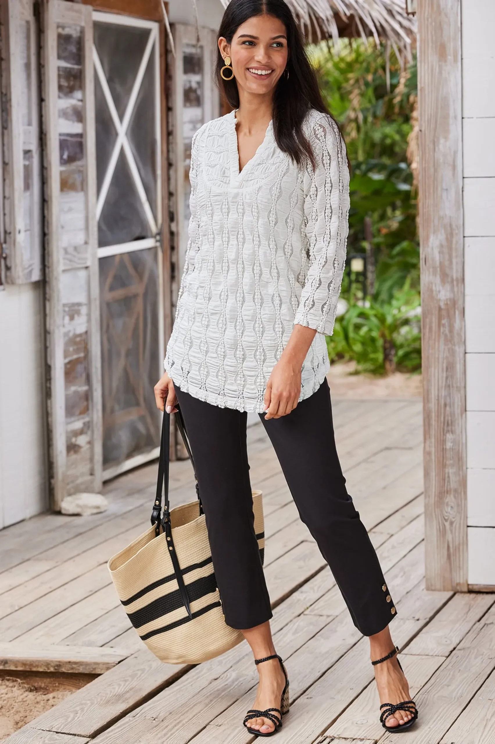 Soft Surroundings Priya Knit Lace Tunic> three quarter length|pullovers