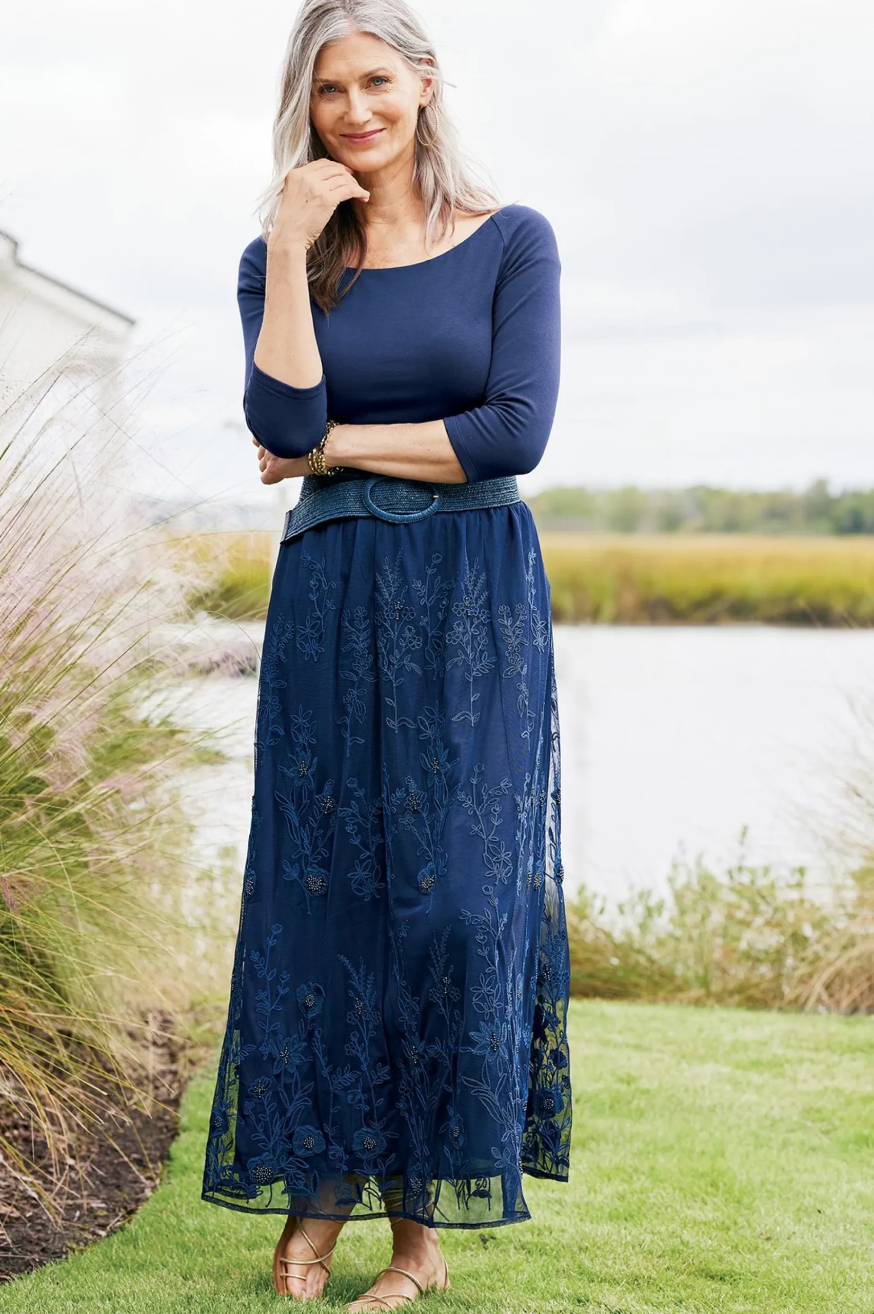 Soft Surroundings Zuri Embroidered Mesh Skirt> Feminine Flourish|Into The Blues